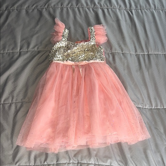 Little Girls Peach Gold Sequin Tulle Dress - Picture 1 of 5